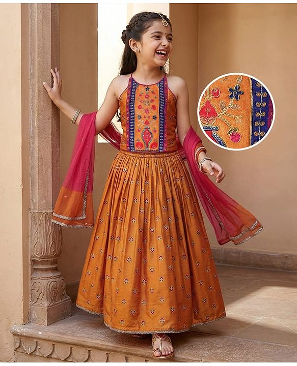 Pine Kids Woven Sleeveless Choli  Lehenga  Set & Dupatta with Floral Embroidery - Orange