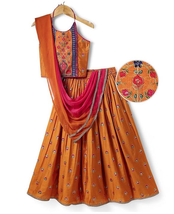 Pine Kids Woven Sleeveless Choli  Lehenga  Set & Dupatta with Floral Embroidery - Orange