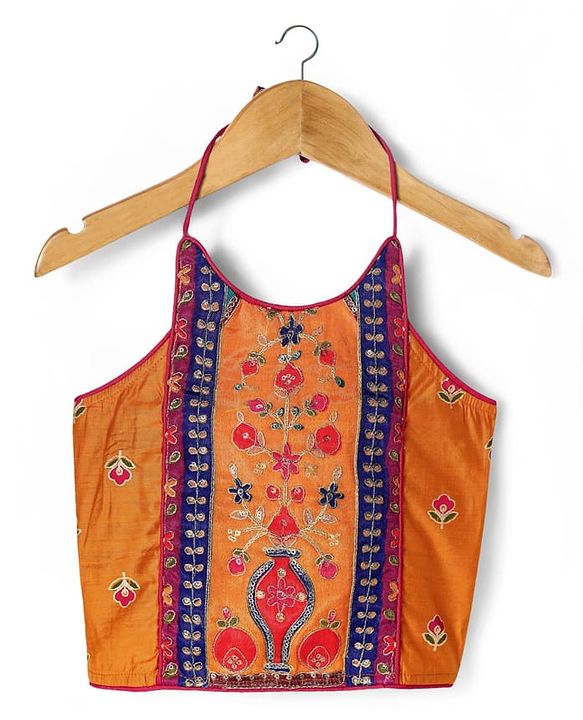 Pine Kids Woven Sleeveless Choli  Lehenga  Set & Dupatta with Floral Embroidery - Orange