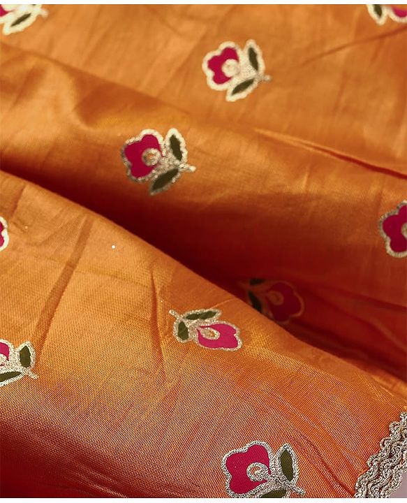 Pine Kids Woven Sleeveless Choli  Lehenga  Set & Dupatta with Floral Embroidery - Orange