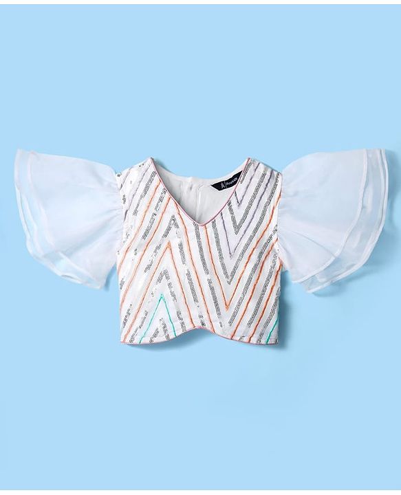 Pine Kids Woven Flutter Sleeves Choli  Lehenga  Set & Dupatta with Sequin Design - White
