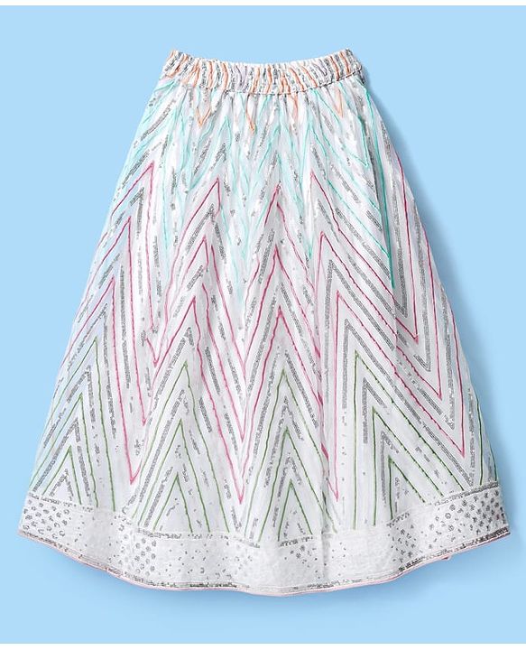 Pine Kids Woven Flutter Sleeves Choli  Lehenga  Set & Dupatta with Sequin Design - White