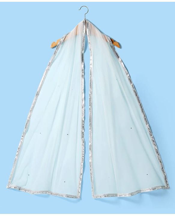 Pine Kids Woven Flutter Sleeves Choli  Lehenga  Set & Dupatta with Sequin Design - White