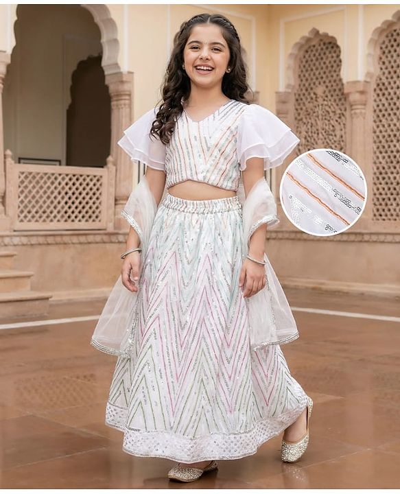 Pine Kids Woven Flutter Sleeves Choli  Lehenga  Set & Dupatta with Sequin Design - White