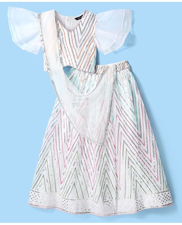 Pine Kids Woven Flutter Sleeves Choli  Lehenga  Set & Dupatta with Sequin Design - White
