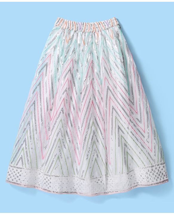 Pine Kids Woven Flutter Sleeves Choli  Lehenga  Set & Dupatta with Sequin Design - White