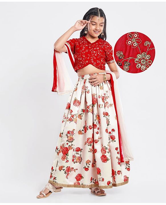 Pine Kids Woven Half Sleeves Choli  Lehenga Set & Dupatta with Floral Sequin Design & Print with Lace Detailing - White & Red