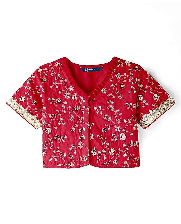 Pine Kids Woven Half Sleeves Choli  Lehenga Set & Dupatta with Floral Sequin Design & Print with Lace Detailing - White & Red