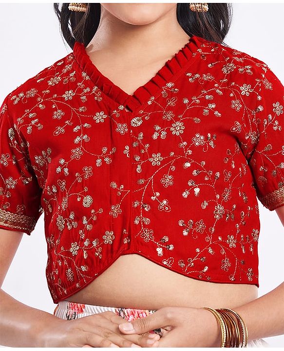 Pine Kids Woven Half Sleeves Choli  Lehenga Set & Dupatta with Floral Sequin Design & Print with Lace Detailing - White & Red