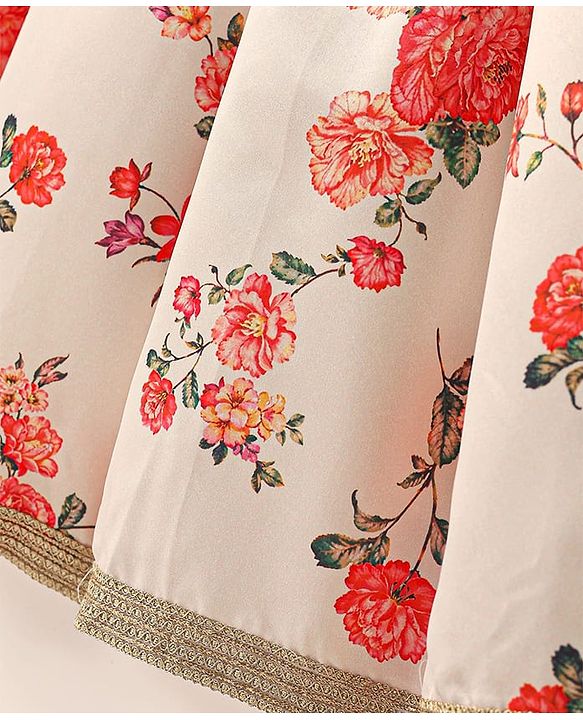 Pine Kids Woven Half Sleeves Choli  Lehenga Set & Dupatta with Floral Sequin Design & Print with Lace Detailing - White & Red