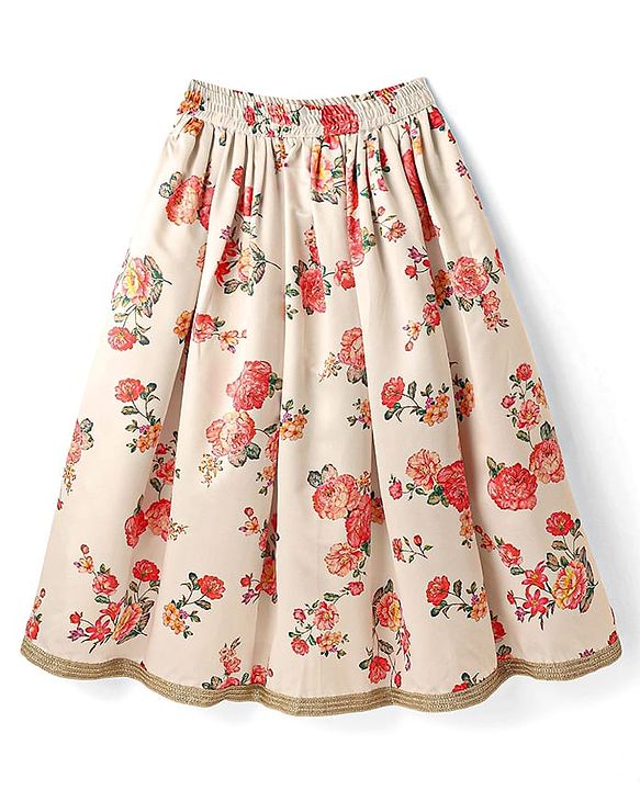 Pine Kids Woven Half Sleeves Choli  Lehenga Set & Dupatta with Floral Sequin Design & Print with Lace Detailing - White & Red