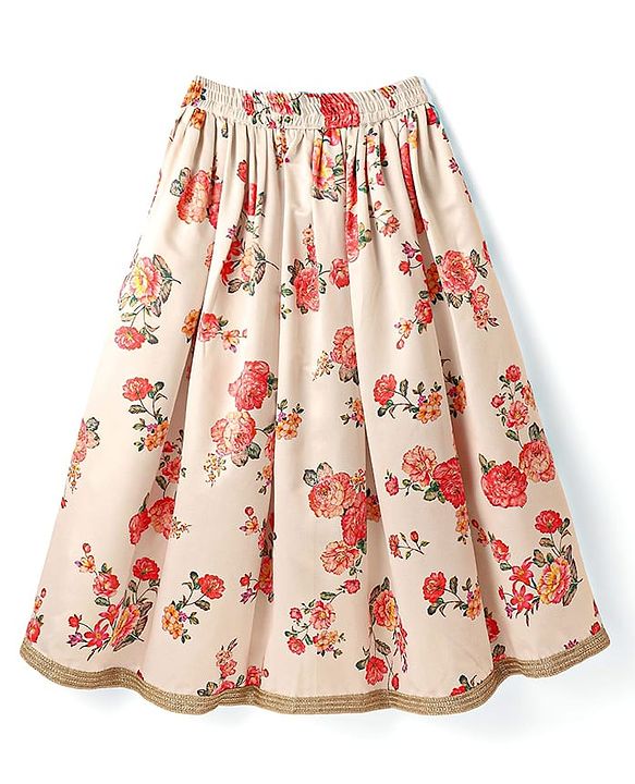 Pine Kids Woven Half Sleeves Choli  Lehenga Set & Dupatta with Floral Sequin Design & Print with Lace Detailing - White & Red