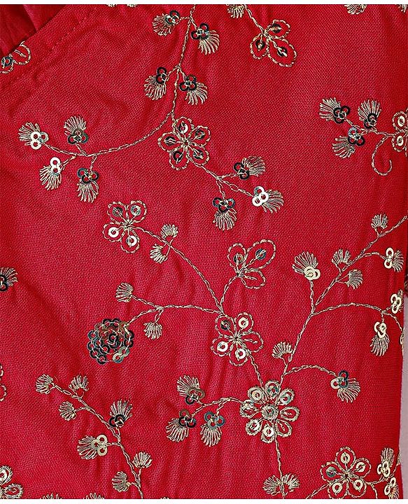 Pine Kids Woven Half Sleeves Choli  Lehenga Set & Dupatta with Floral Sequin Design & Print with Lace Detailing - White & Red
