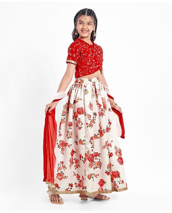 Pine Kids Woven Half Sleeves Choli  Lehenga Set & Dupatta with Floral Sequin Design & Print with Lace Detailing - White & Red