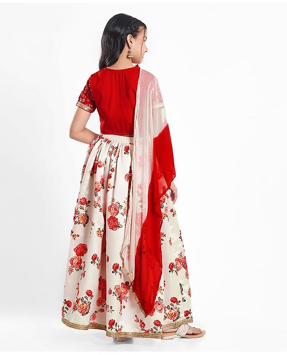 Pine Kids Woven Half Sleeves Choli  Lehenga Set & Dupatta with Floral Sequin Design & Print with Lace Detailing - White & Red