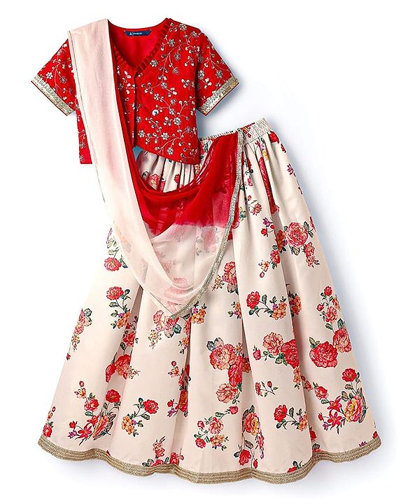 Pine Kids Woven Half Sleeves Choli  Lehenga Set & Dupatta with Floral Sequin Design & Print with Lace Detailing - White & Red