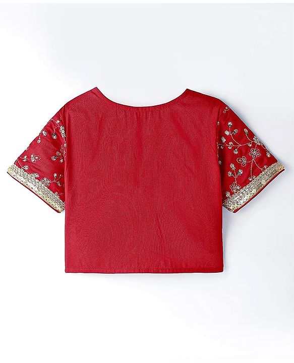 Pine Kids Woven Half Sleeves Choli  Lehenga Set & Dupatta with Floral Sequin Design & Print with Lace Detailing - White & Red