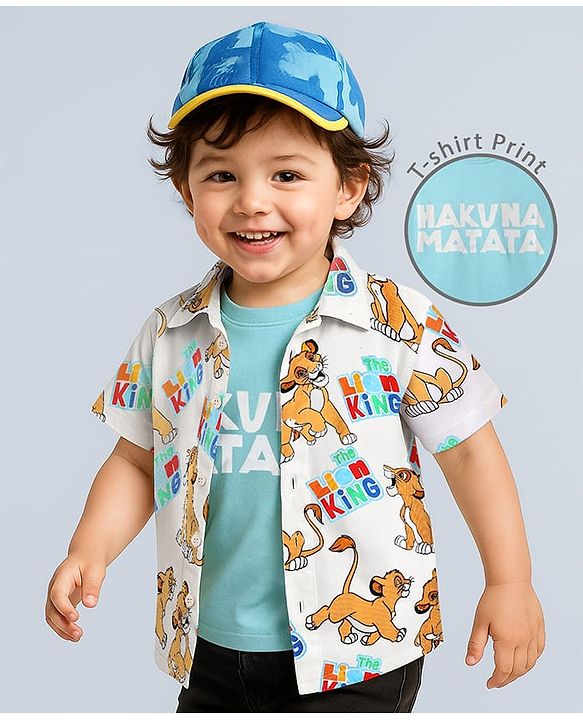 Babyhug Disney Cotton Knit Half Sleeves Shirt With T-Shirt With Lion King Print - Light Blue & White