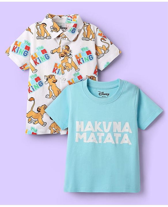 Babyhug Disney Cotton Knit Half Sleeves Shirt With T-Shirt With Lion King Print - Light Blue & White