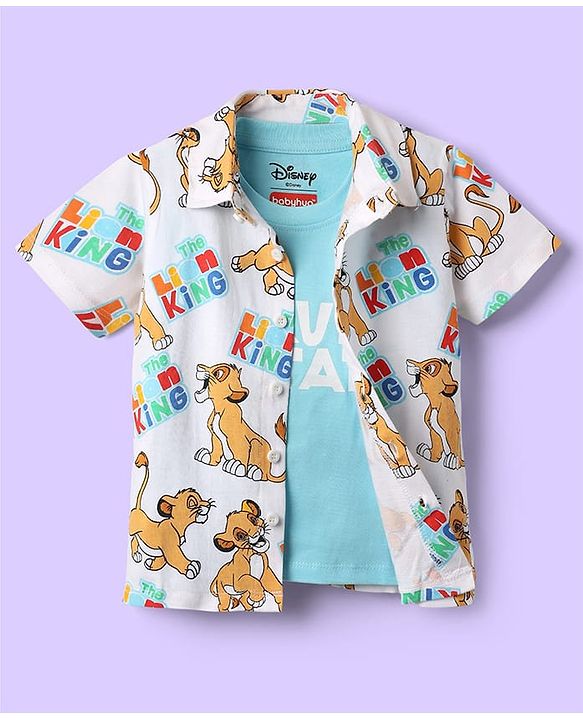 Babyhug Disney Cotton Knit Half Sleeves Shirt With T-Shirt With Lion King Print - Light Blue & White
