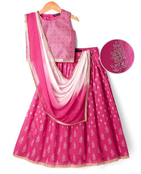 Pine Kids Sleeveless Foil Printed Choli Lehenga Set with Dupatta - Dark Pink