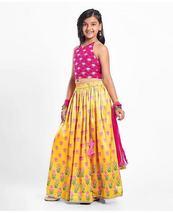 Pine Kids Woven Sleeveless Choli  Lehenga Set & Dupatta with Floral Embroidery - Yellow & Dark Pink