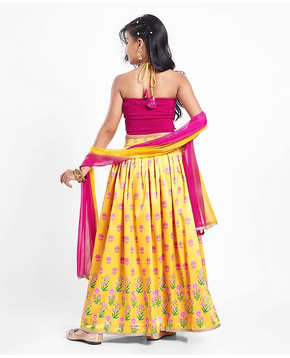 Pine Kids Woven Sleeveless Choli  Lehenga Set & Dupatta with Floral Embroidery - Yellow & Dark Pink
