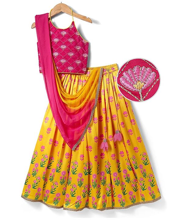 Pine Kids Woven Sleeveless Choli  Lehenga Set & Dupatta with Floral Embroidery - Yellow & Dark Pink