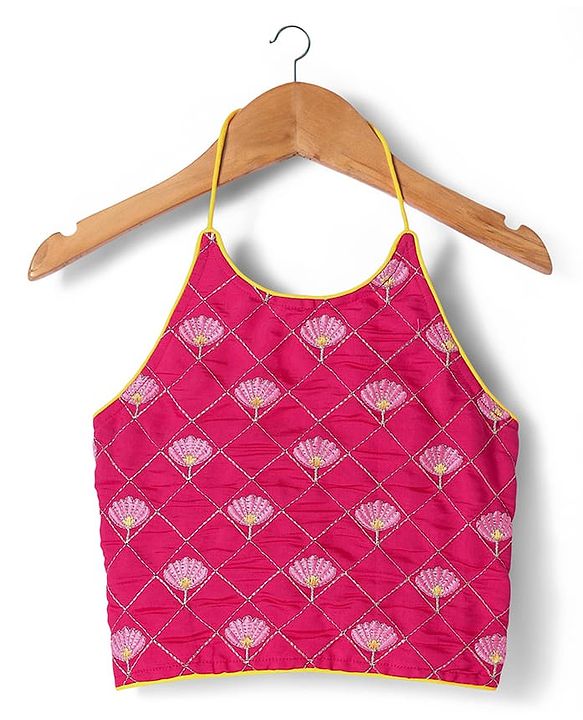 Pine Kids Woven Sleeveless Choli  Lehenga Set & Dupatta with Floral Embroidery - Yellow & Dark Pink