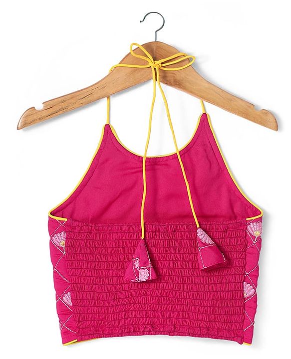 Pine Kids Woven Sleeveless Choli  Lehenga Set & Dupatta with Floral Embroidery - Yellow & Dark Pink