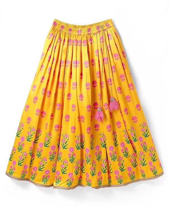 Pine Kids Woven Sleeveless Choli  Lehenga Set & Dupatta with Floral Embroidery - Yellow & Dark Pink