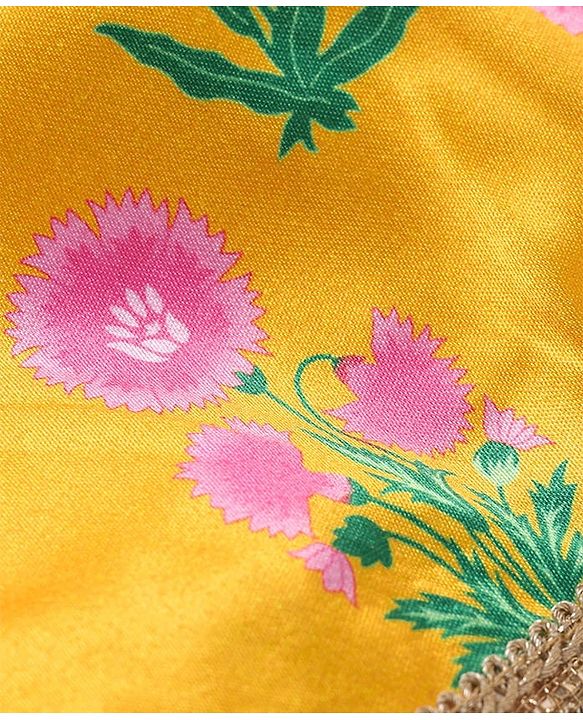 Pine Kids Woven Sleeveless Choli  Lehenga Set & Dupatta with Floral Embroidery - Yellow & Dark Pink