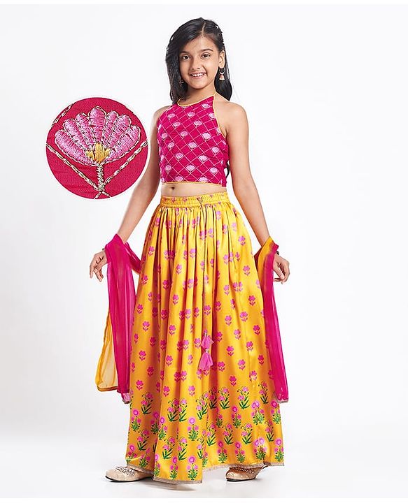 Pine Kids Woven Sleeveless Choli  Lehenga Set & Dupatta with Floral Embroidery - Yellow & Dark Pink