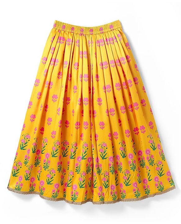 Pine Kids Woven Sleeveless Choli  Lehenga Set & Dupatta with Floral Embroidery - Yellow & Dark Pink