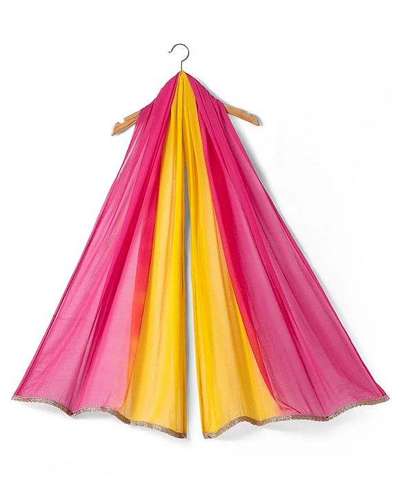 Pine Kids Woven Sleeveless Choli  Lehenga Set & Dupatta with Floral Embroidery - Yellow & Dark Pink