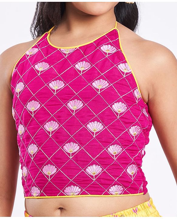 Pine Kids Woven Sleeveless Choli  Lehenga Set & Dupatta with Floral Embroidery - Yellow & Dark Pink