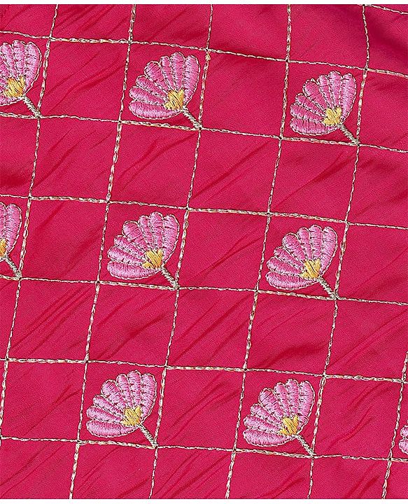 Pine Kids Woven Sleeveless Choli  Lehenga Set & Dupatta with Floral Embroidery - Yellow & Dark Pink