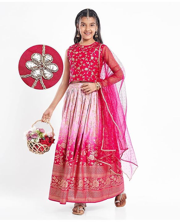 Pine Active Woven Sleeveless Lehenga Choli Set With Sequin Detailing & Floral Embriodery - Pink