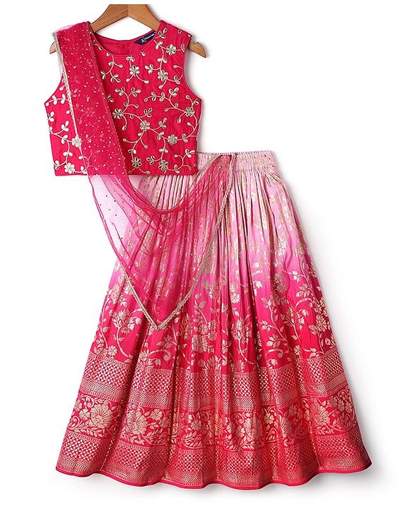 Pine Active Woven Sleeveless Lehenga Choli Set With Sequin Detailing & Floral Embriodery - Pink