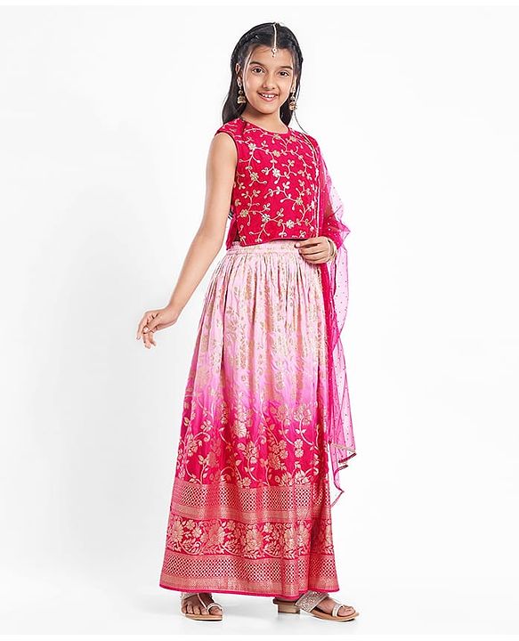 Pine Active Woven Sleeveless Lehenga Choli Set With Sequin Detailing & Floral Embriodery - Pink