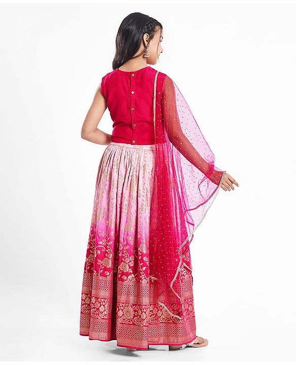 Pine Active Woven Sleeveless Lehenga Choli Set With Sequin Detailing & Floral Embriodery - Pink