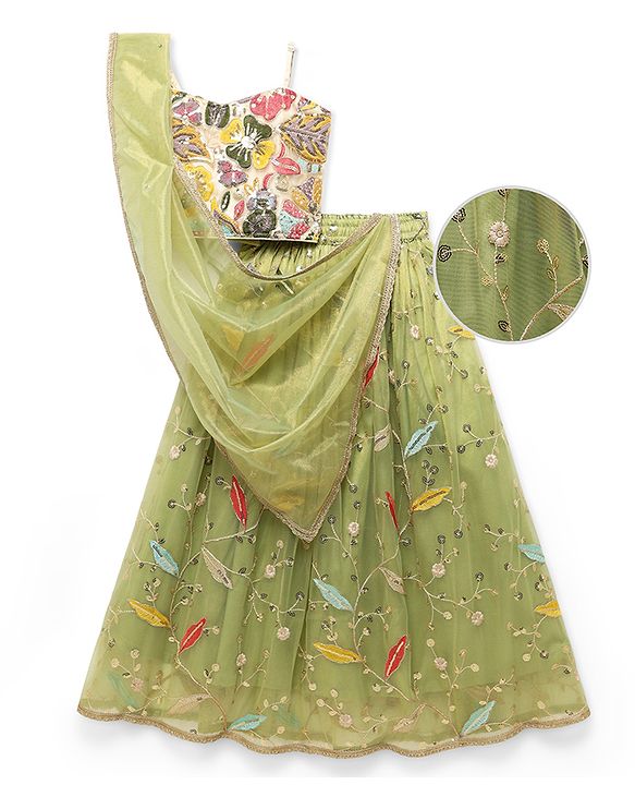 Pine Kids Woven Sleeveless Floral Embroidery Choli Lehenga Set with Dupatta & Sequin Detailing - Light Green