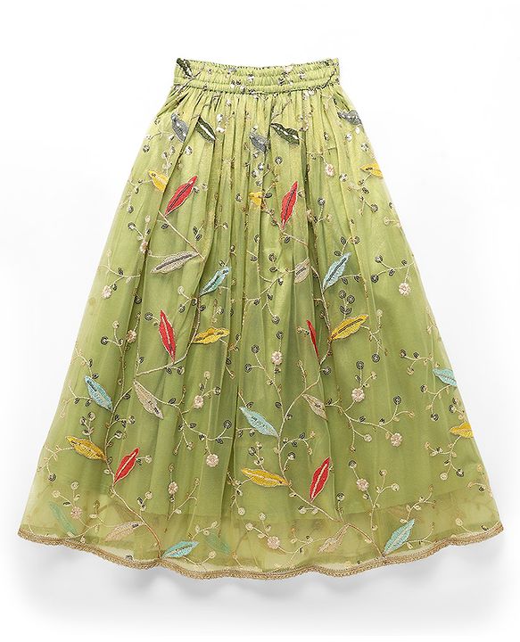 Pine Kids Woven Sleeveless Floral Embroidery Choli Lehenga Set with Dupatta & Sequin Detailing - Light Green