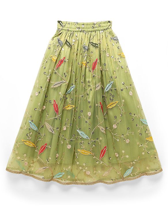 Pine Kids Woven Sleeveless Floral Embroidery Choli Lehenga Set with Dupatta & Sequin Detailing - Light Green