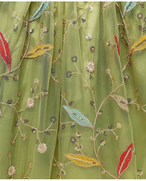 Pine Kids Woven Sleeveless Floral Embroidery Choli Lehenga Set with Dupatta & Sequin Detailing - Light Green
