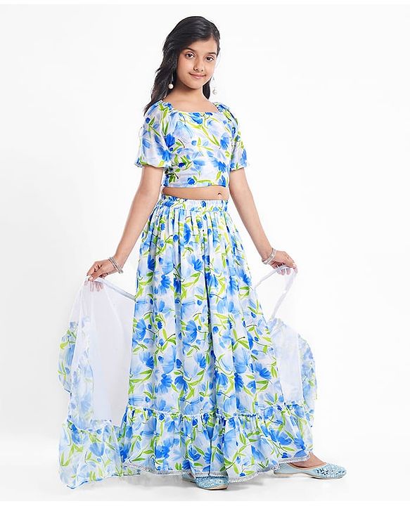 Pine Kids Woven Puffed Sleeves Choli  Lehenga Set & Dupatta with Frill Detailing & Floral Print - White & Blue