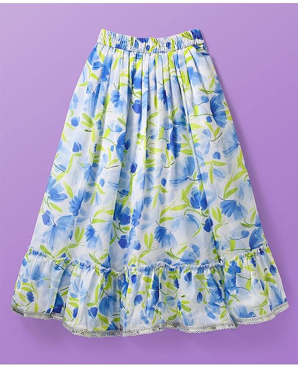 Pine Kids Woven Puffed Sleeves Choli  Lehenga Set & Dupatta with Frill Detailing & Floral Print - White & Blue
