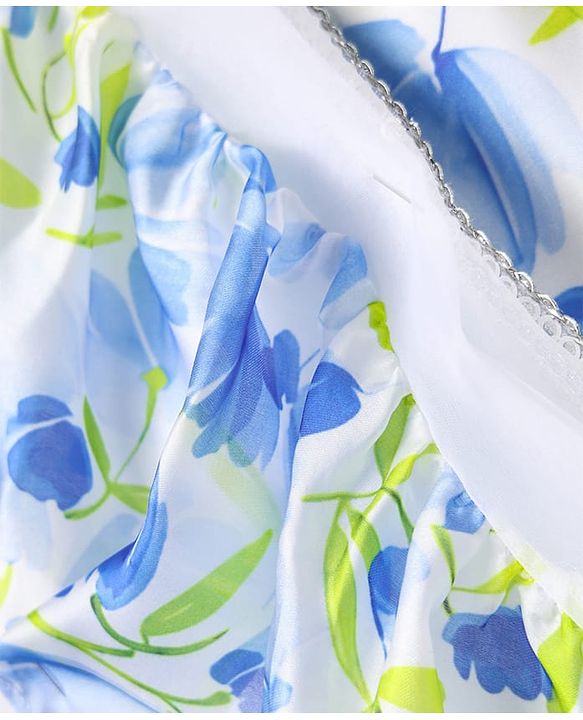 Pine Kids Woven Puffed Sleeves Choli  Lehenga Set & Dupatta with Frill Detailing & Floral Print - White & Blue