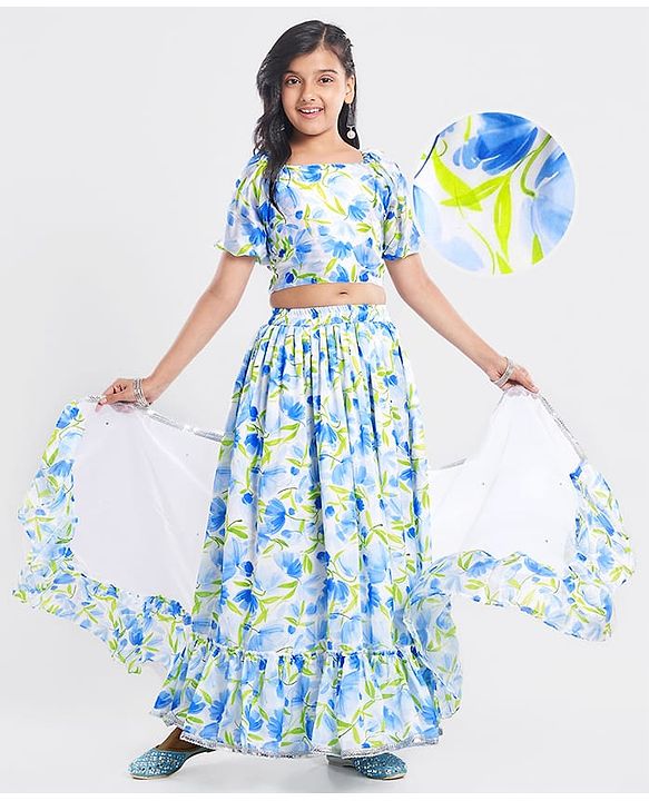 Pine Kids Woven Puffed Sleeves Choli  Lehenga Set & Dupatta with Frill Detailing & Floral Print - White & Blue