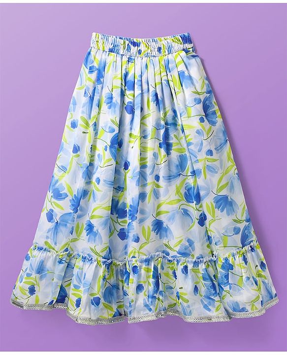 Pine Kids Woven Puffed Sleeves Choli  Lehenga Set & Dupatta with Frill Detailing & Floral Print - White & Blue